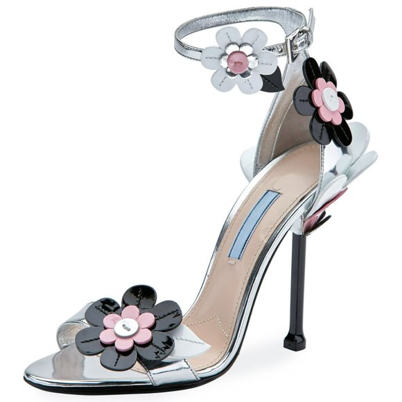 Prada Silver (Argento) Floral Ankle-wrap Patent Leather Sandals - Picture 1 of 6